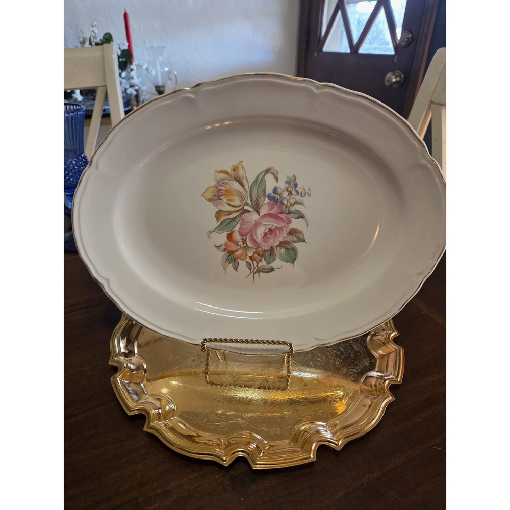 vintage Knowles large serving platter features a central floral bouquet